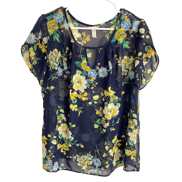 NWOT Sheer Floral Navy Blue Blouse - Picture 1 of 10